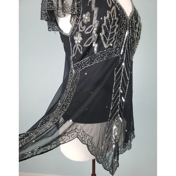 VTG Scala Womens L Beaded Y2K Camisole Top Fairy Whimsical Sequins Sparkly Black - Picture 3 of 9